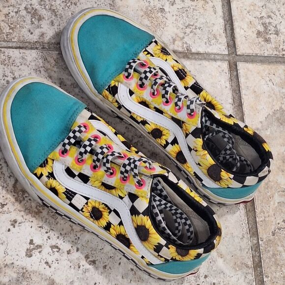 VANS Customs Sunflowers Old Skool size 6 Womens Fun Colorful Turquoise Yellow - Picture 7 of 16